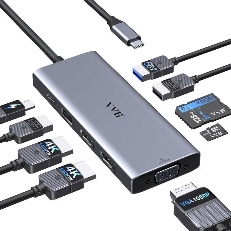 VVB USB C Docking Station Dual Monitor HDMI Adapter for Dell HP Lenovo,Laptop Docking Station 3 Monitors USB C Hub Multiple Adapter Dongle with 2 HDMI 4K+VGA+100W PD Charger+3 USB Port+SD/TF Card Reader - Image 1